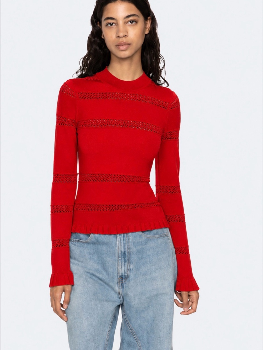 Sea New York Red Knit Crewneck Sweater with Eyelet Detail